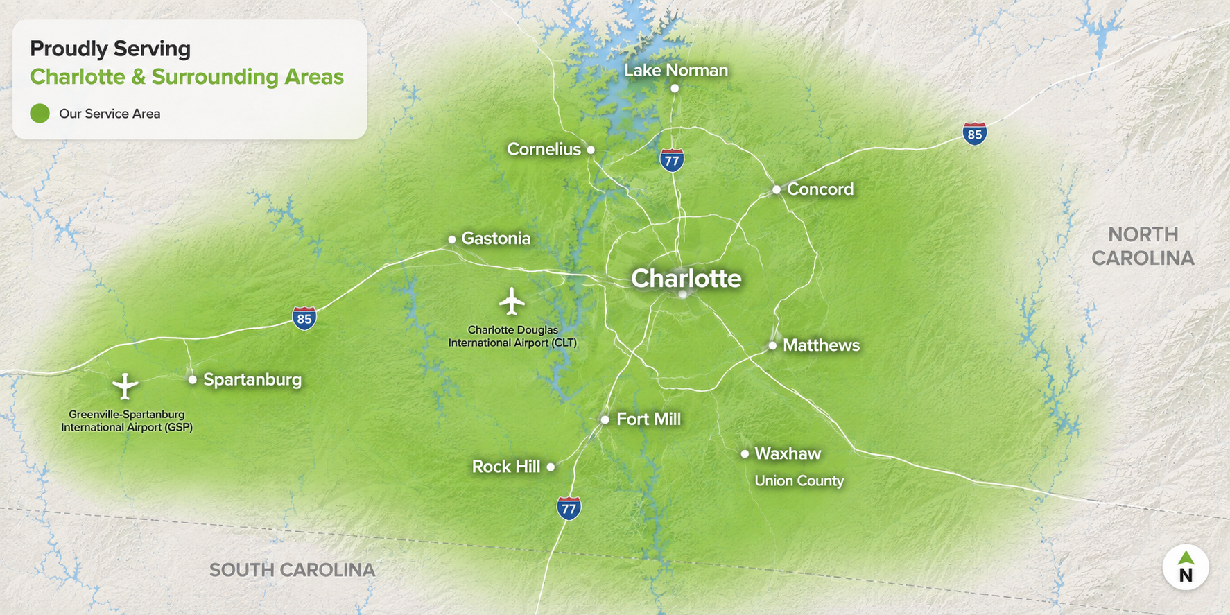 CLT Car service area map — Charlotte NC metro, upstate South Carolina, CLT and GSP airports
